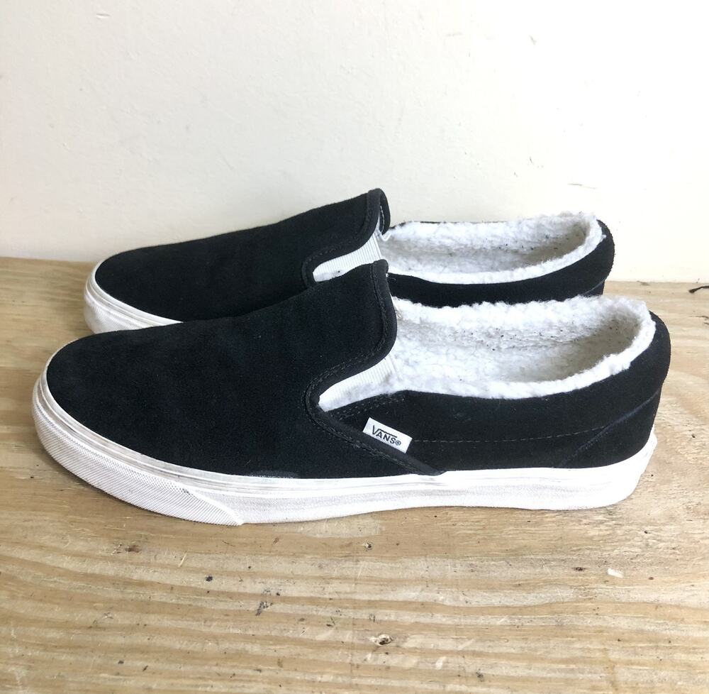 Vans Sneakers 12 Black Suede Faux Fur Lined Classic Slip On Skater Skate